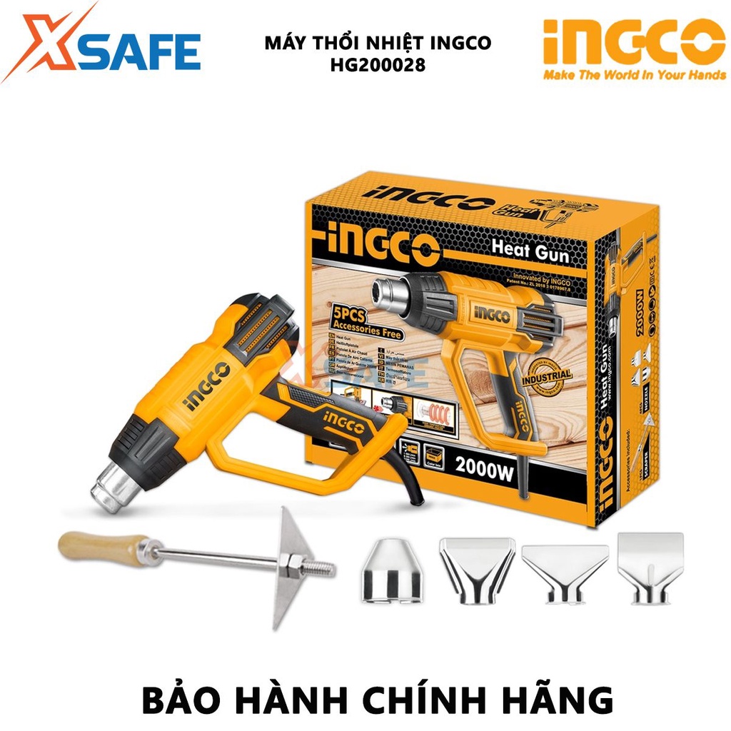Máy khò nhiệt INGCO HG200028 | Máy thổi hơi nóng 2000W, Nhiệt độ 380°C/570°C, gồm 1 cây nạo/cào và 4 miệng vòi tháo mối