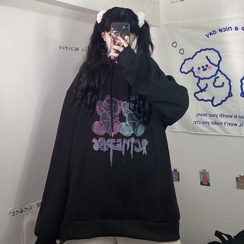Áo hoodie nữ form rộng màu đen trắng chất nỉ bông đẹp dầy dặn