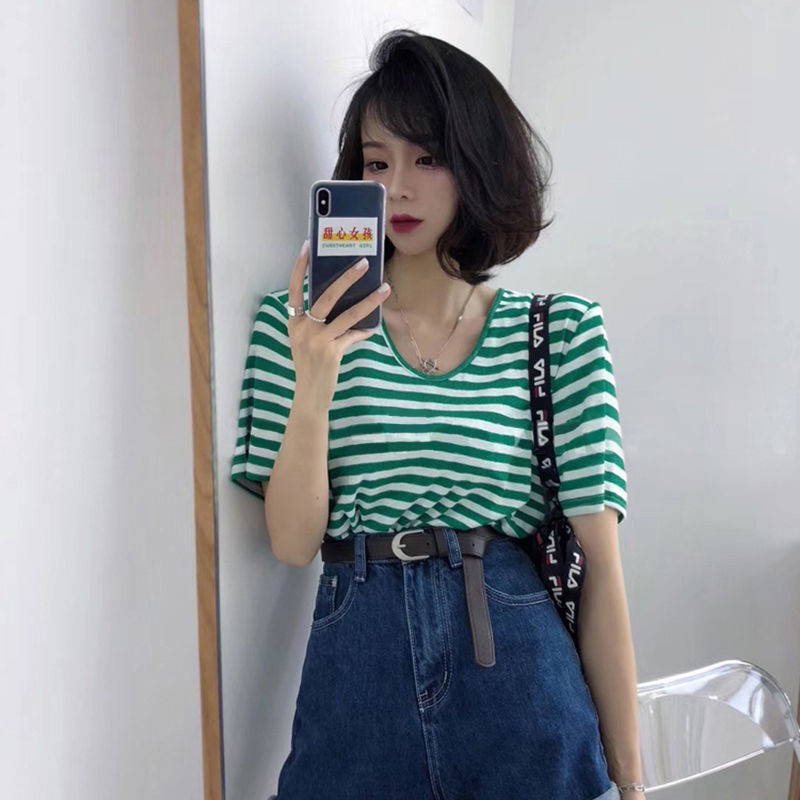 Áo Thun 100% Cotton Tay Ngắn Kẻ Sọc Trắng Đen Thời Trang Mùa Hè Cho Nữ