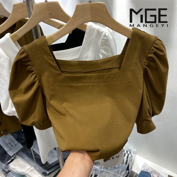 Áo ngắn cổ vuông tay phồng bằng cotton nguyên chất phong cách Châu Âu và Hàn Quốc cổ điển thời trang mùa hè dễ phối đồ