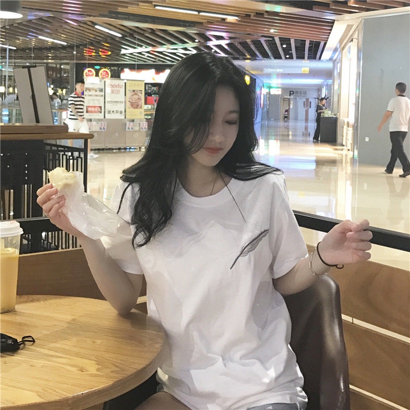 T-shirt female large student's versatile T-shirt versatile round neck small loose thin short sleeve retro Hong Kong Style t-shirt female