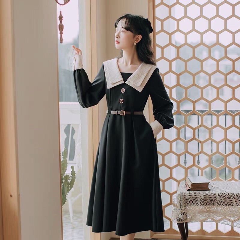 Đầm vintage tiểu thư chất nhung kèm belt