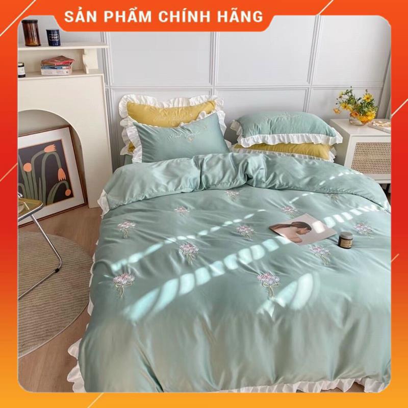 Bộ Chăn Ga Gối Lụa thêu cao cấp mẫu Hoa Cúc 4 món chất liệu phi lụa telcel 100s | BigBuy360 - bigbuy360.vn