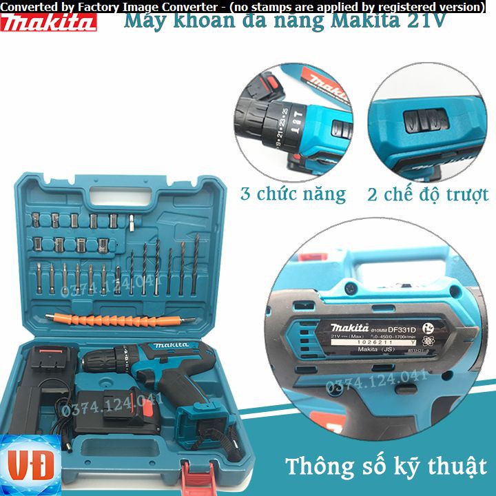 Máy Khoan Pin MAKITA 21V 3 CHỨC NĂNG ( khoan, bắt vít , khoan Bê tông)  - Tặng kèm 23 dụng cụ tháo lắp