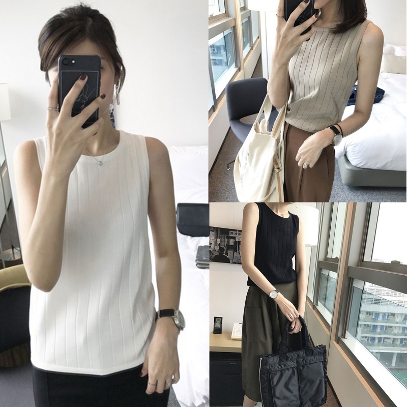 Áo Tank Top Dệt Kim Mỏng Không Tay Cổ Tròn Màu Trơn Đơn Giản Thời Trang Mùa Hè Cho Nữ
