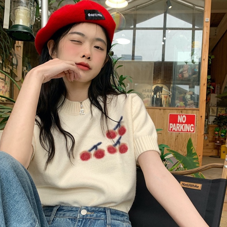 Áo Thun Dệt Kim Tay Ngắn Cổ Tròn In Hình Quả cherry Dễ Thương