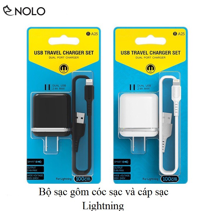 Cốc Củ Sạc 2 USB BA25 Có Kèm Cáp Sạc 2.4A Chui Microusb Lightning Iphone Và Type C Dây Dài 100cm