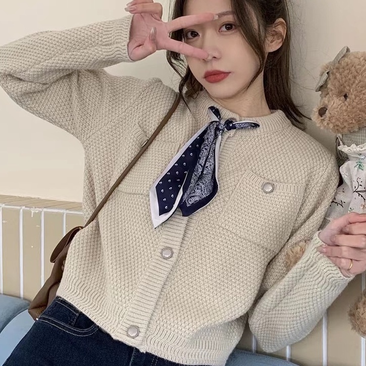 【ZHELIHANGFEI】Áo Cardigan Dệt Kim Tay Dài Dáng Rộng Phối Nơ Phong Cách Retro