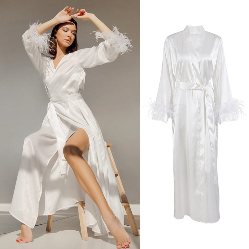 Xiangbao Áo Choàng Ngủ Tay Dài Cổ Chữ V Lông Vũ Dài Có Thắt Lưng Satin Dài Qua Gối Cho Cô Dâu Mặc