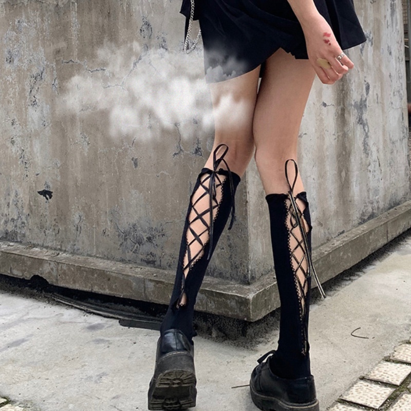 Vớ làm từ cotton thiết kế cổ cao phối dây đan chéo phong cách lolita thời trang dành cho nữ