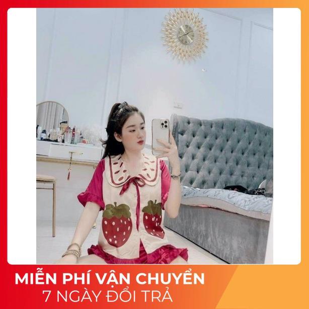 Đồ bộ pijama nữ tay cộc quần cộc chất vải lụa Satin mềm mát không nhăn không bai xù hình dâu tây kute AT087