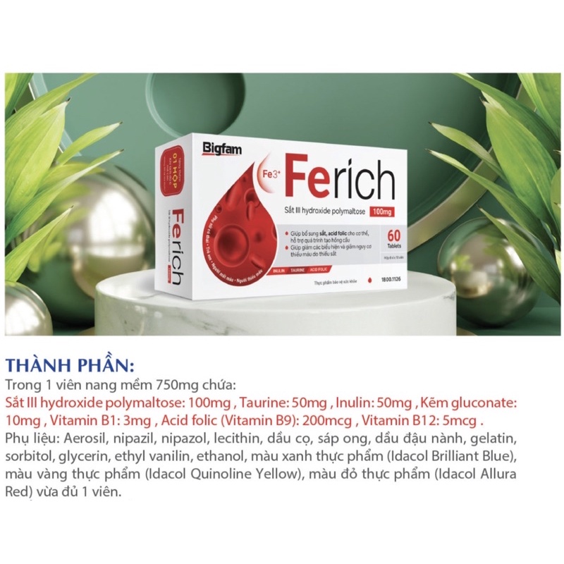 [Vỉ 10 Viên] FERICH BIGFAM Hỗ Trợ Bổ Sung Sắt, Giảm Hoa Mắt Chóng Mặt Do Thiếu Sắt