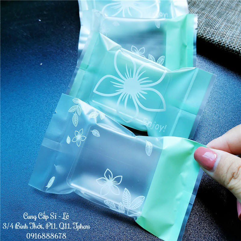 Túi Bánh Dứa, Túi Bánh Hạnh Nhân, Túi Bánh Quy - Xanh Mint Hoa Trắng (7*12cm - 100c)