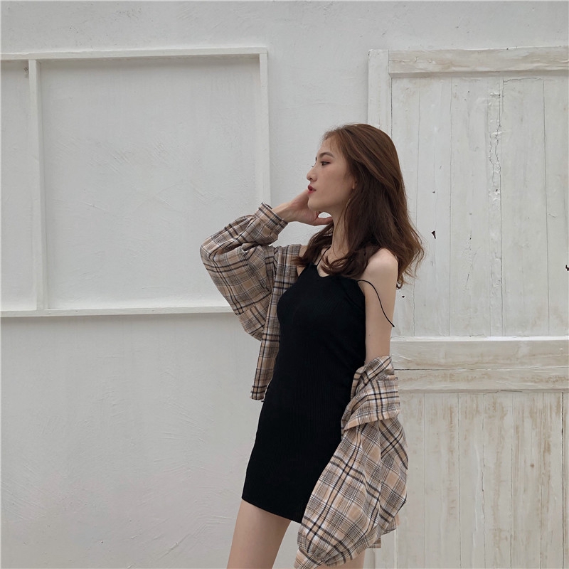 SUXI Áo khoác sơ mi caro / Đầm hai dây phong cách Hàn Quốc thời trang cho nữ