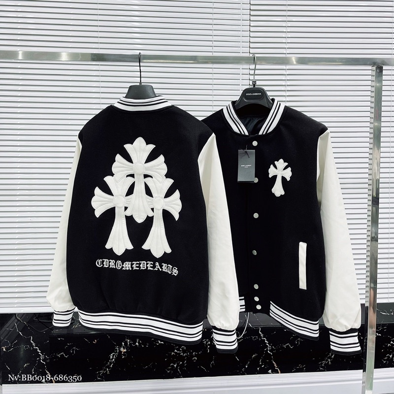 Áo khoác varsity dạ nam nữ thêu hình chữ thập da hai mặt phối tay da trắng bo chun sọc đen trắng- Áo bomber