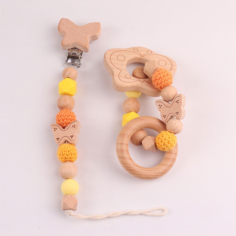 Bộ 2 Đồ Chơi Vòng Tay Lục Lạc Gỗ Phối Chuỗi Xích Gắn Núm Vú Giả Dễ Thương Cho Bé Mọc Răng