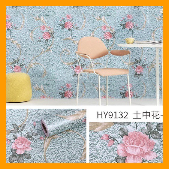 Cuộn 10M Giấy Dán Tường Sẵn Keo Hoa Hồng Nền Đá Xanh 6055-1