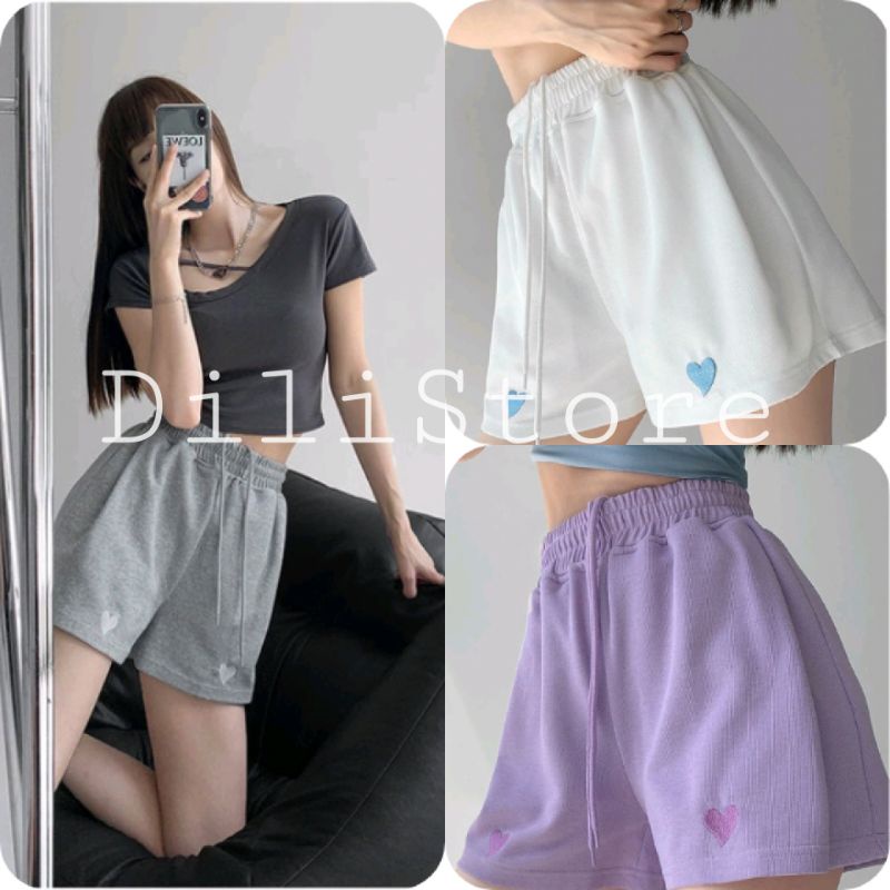 Quần Đùi Nữ Ống Rộng Thêu Trái Tim 🦋 Quần Short Nữ Dây Rút Cạp Chun 4 Màu 🦋 | BigBuy360 - bigbuy360.vn