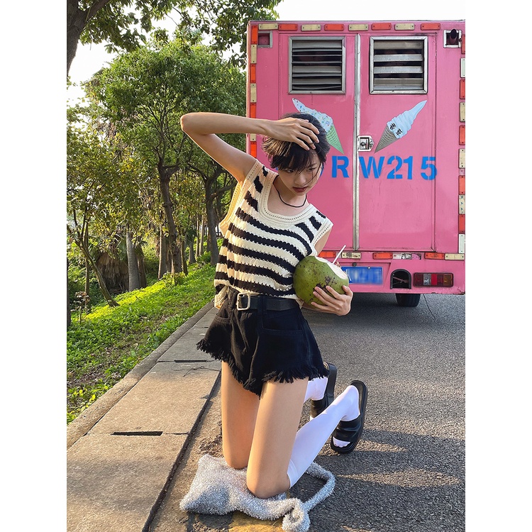 NUZIRO  Áo croptop  dệt kim không tay họa tiết kẻ sọc thời trang dành cho nữ