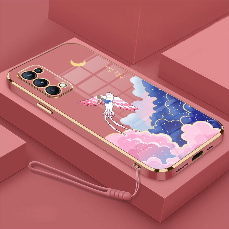 Ốp Điện Thoại Mềm Mạ Điện Họa Tiết Hoạt Hình Kèm Dây Đeo Cho oppo reno 4 reno 5 reno 6 4g reno 6 5g reno2 f reno 3 reno 2