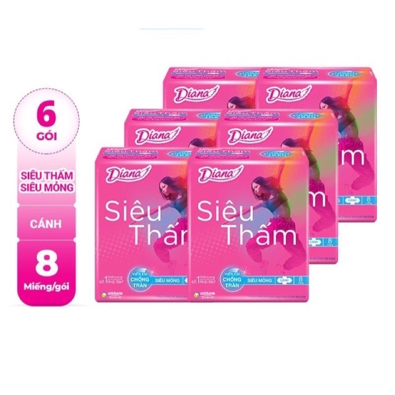 [Chính Hãng] Lốc 6 gói Băng Vệ Sinh Diana siêu thấm siêu mỏng cánh 8 miếng/gói mặt lưới 23cm