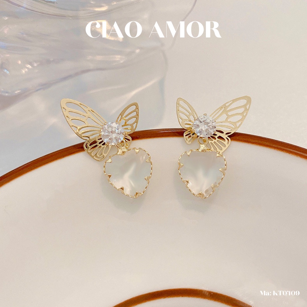 KT0409-Khuyên tai nữ, Bông tai bạc 925 cánh nữ điệu đá trái tim tiểu thư sang trọng Trang sức Ciao Amor