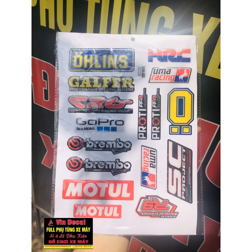 Tấm Tem dán xe chữ Ohlins,HRC MOTUL lớn nhỏ vvv mã HN 067