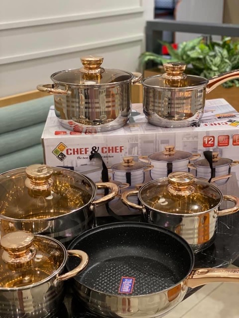 Bộ Nồi Đức Sịn CHEF CHEF 6 Món 12 Chi Tiết Siêu Sang Dùng Được Tât Cả Các Loại Bếp