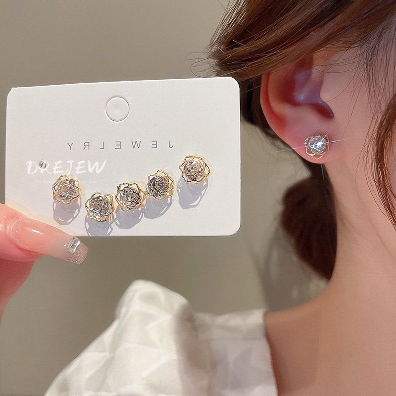 DREJEW Set 6 khuyên tai kiểu bông hoa đính đá zircon thời trang Hàn Quốc dành cho nữ