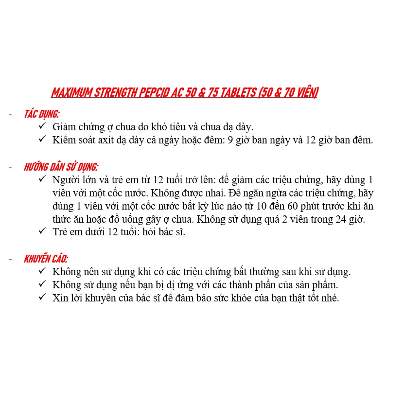 [DATE 8/2023 &amp;11/ 2023] MAXIMUM STRENGTH PEPCID AC 50 &amp; 75 TABLETS (50 &amp; 70 VIÊN)