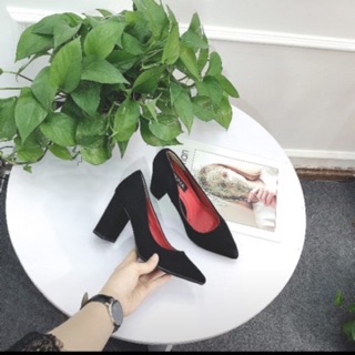 Giày cao gót Zara Basic gót vuông da lộn 7cm momsumo1