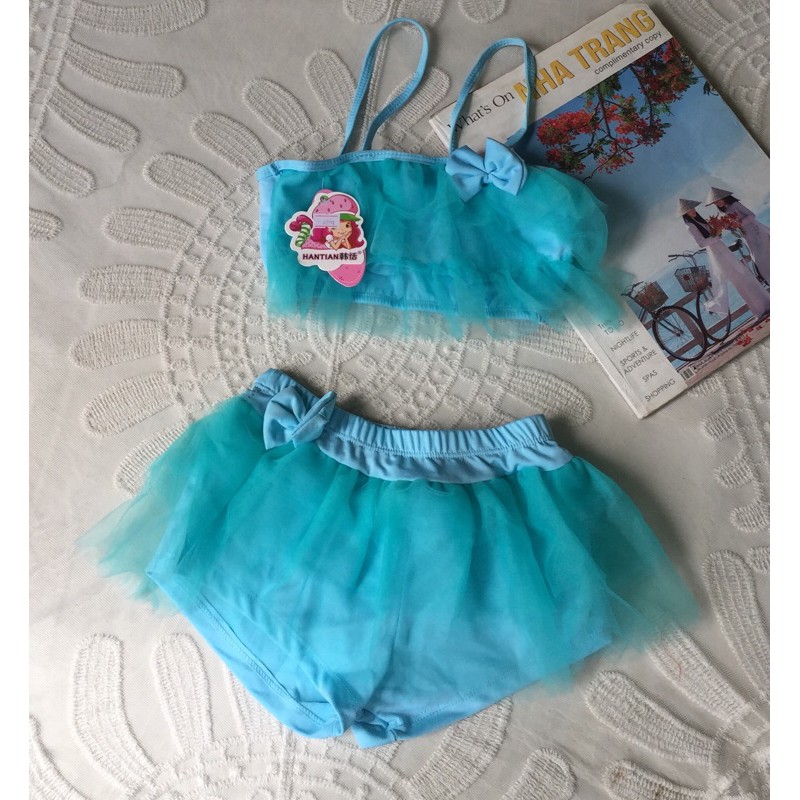 Bikini Bộ Bơi Đồ Bơi Bé Gái 2 Mảnh Rời Bèo Voan Đính Nơ Xinh Xắn Size M  - Hàng Nhập Quảng Châu