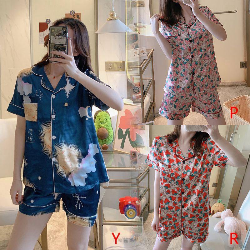 Bộ Đồ Ngủ Ngắn Tay In Họa Tiết Dâu Tây Xinh Xắn Dành Cho Nữ