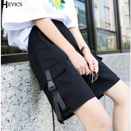 Quần Short Kaki Unisex PACI màu ĐEN/BE  Nam nữ unisex  Quần short lưng thun túi hộp phối dây belt