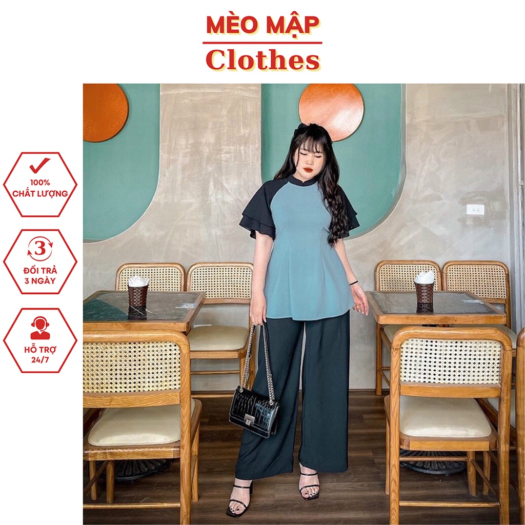 Set Bộ Lễ Bigsize, áo cách tân phối tay cánh tiên kèm quần ống suông rộng chất vải đũi Hàn