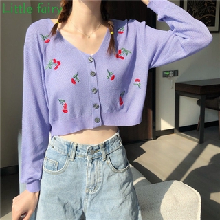 🌈Little fairy🌸Áo len dệt kim mỏng của phụ nữ thêu chữ V Cherry