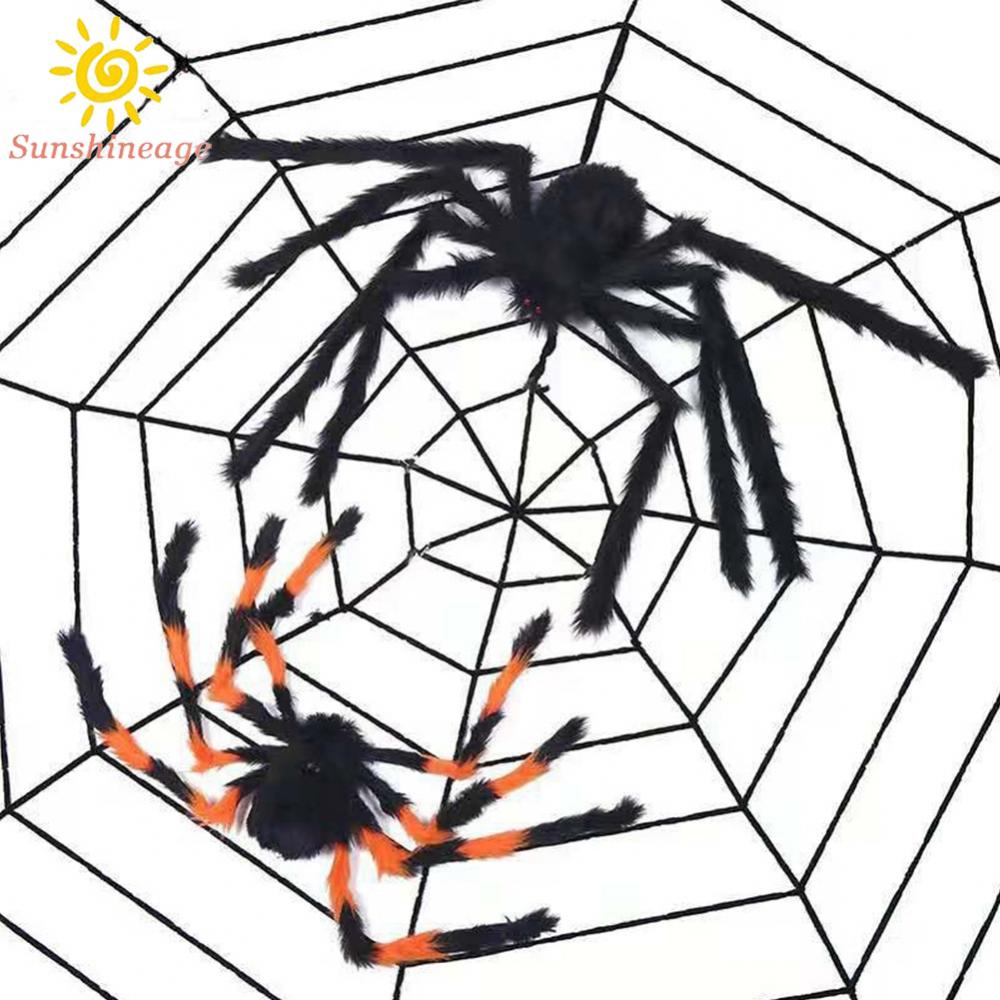 Halloween giant spiders hang in haunted homes, decorated with black fake spiders, cunning toys and Halloween gifts
