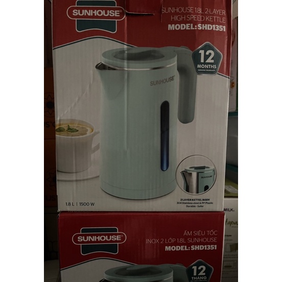 Ấm đun siêu tốc inox 2 lớp 1,8l sunhouse shd13151
