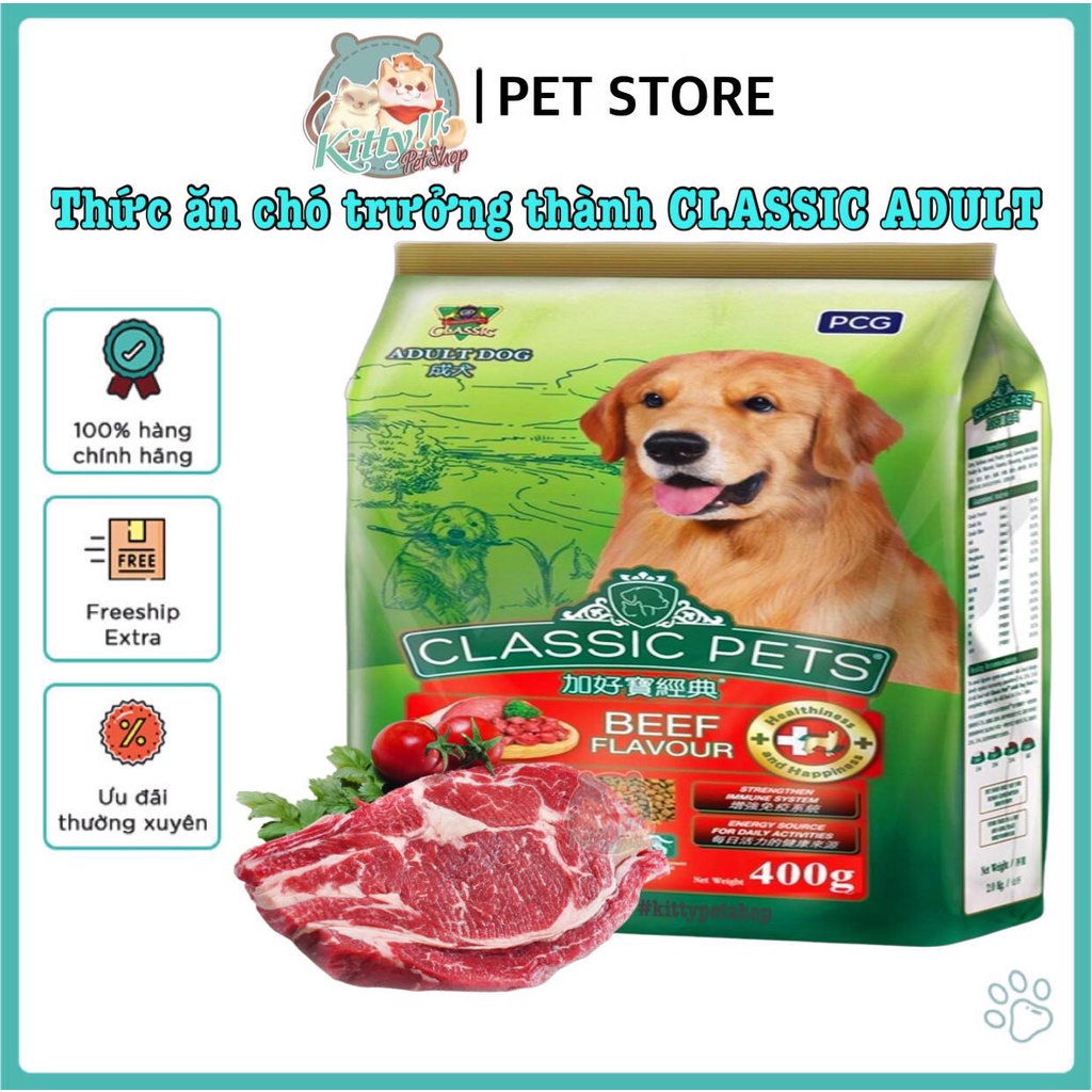 Thức ăn hạt Classic Pets  Adult dành cho chó trưởng thành, vị thịt bò, 400g, thức ăn cho chó lớn, Kitty Pet Shop B