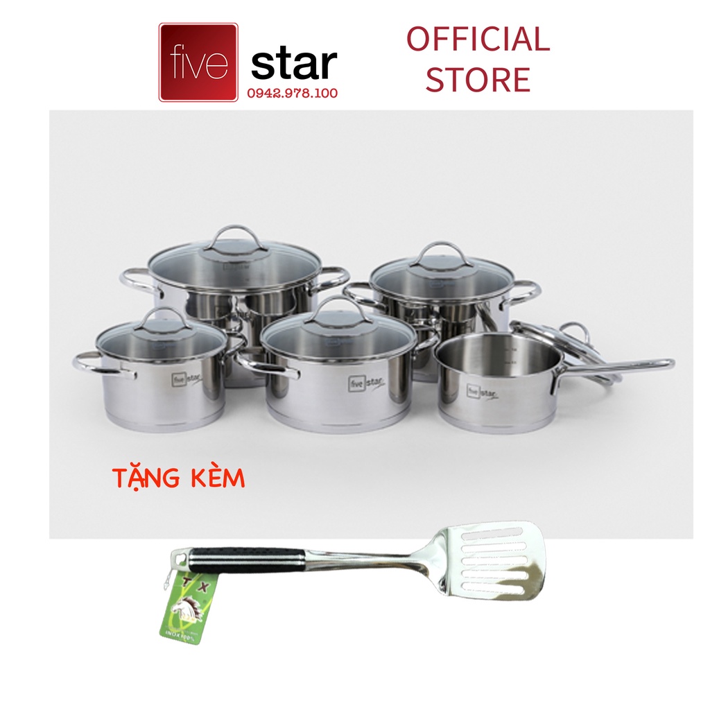 Bộ nồi inox 304 cao cấp FIVESTAR Plus quai oval kiểu Silit 5 món nắp kính ( tặng 1 sạn inox )