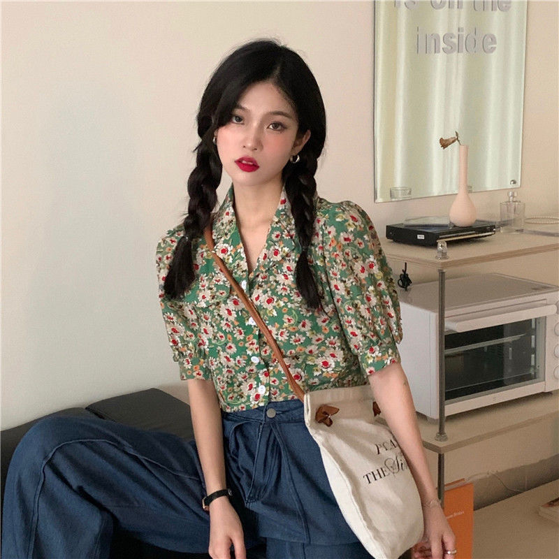 Áo Kiểu Tay Phồng Cổ Chữ V Họa Tiết Hoa Phong Cách Retro Hàn Quốc