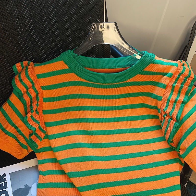 Áo Thun Dệt Kim Ngắn Tay Họa Tiết Kẻ Sọc Thời Trang Mùa Hè Cho Nữ