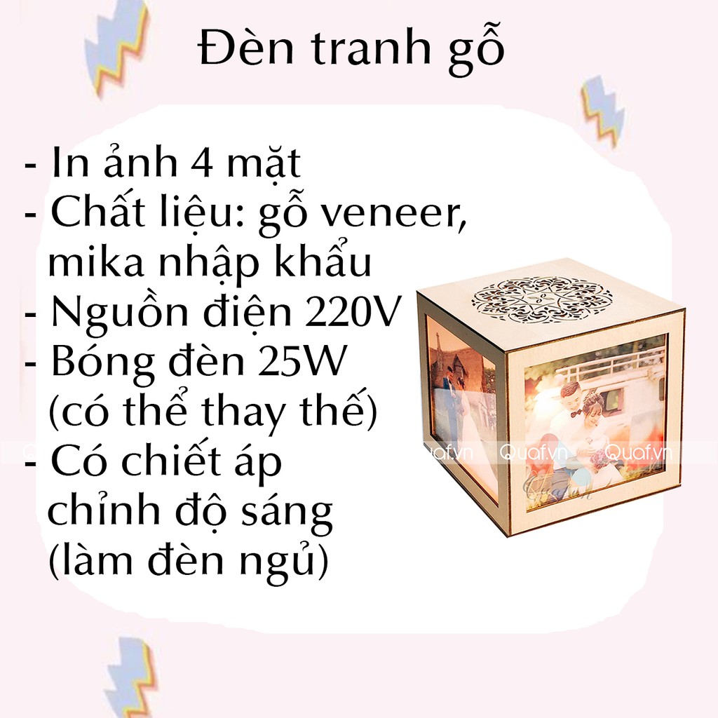 [Quà Cưới] Đèn tranh gỗ vuông - đèn ngủ in 4 ảnh theo yêu cầu