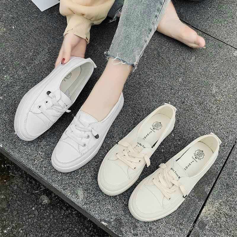 Giày slip on nữ Giày lười nữ trắng đế bệt dây rút cao cấp