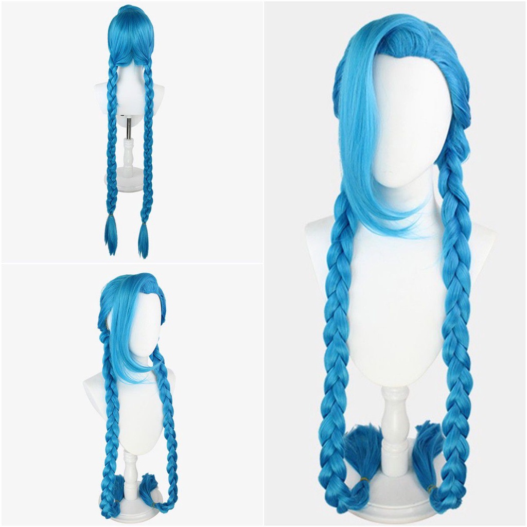 League Of Legends LOL Jinx Cosplay Wig Long Braided Blue The Loose Cannon Wig with Blue Braid Heat Resistant Synthetic Hair Wigs + Wig Cap