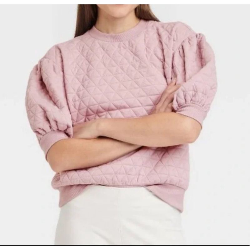 Áo kiểu chần bông cổ tròn tay bồng A new day vnxk women quilted sweatshirt 3/4 puff sleeves xuất khẩu dư xịn