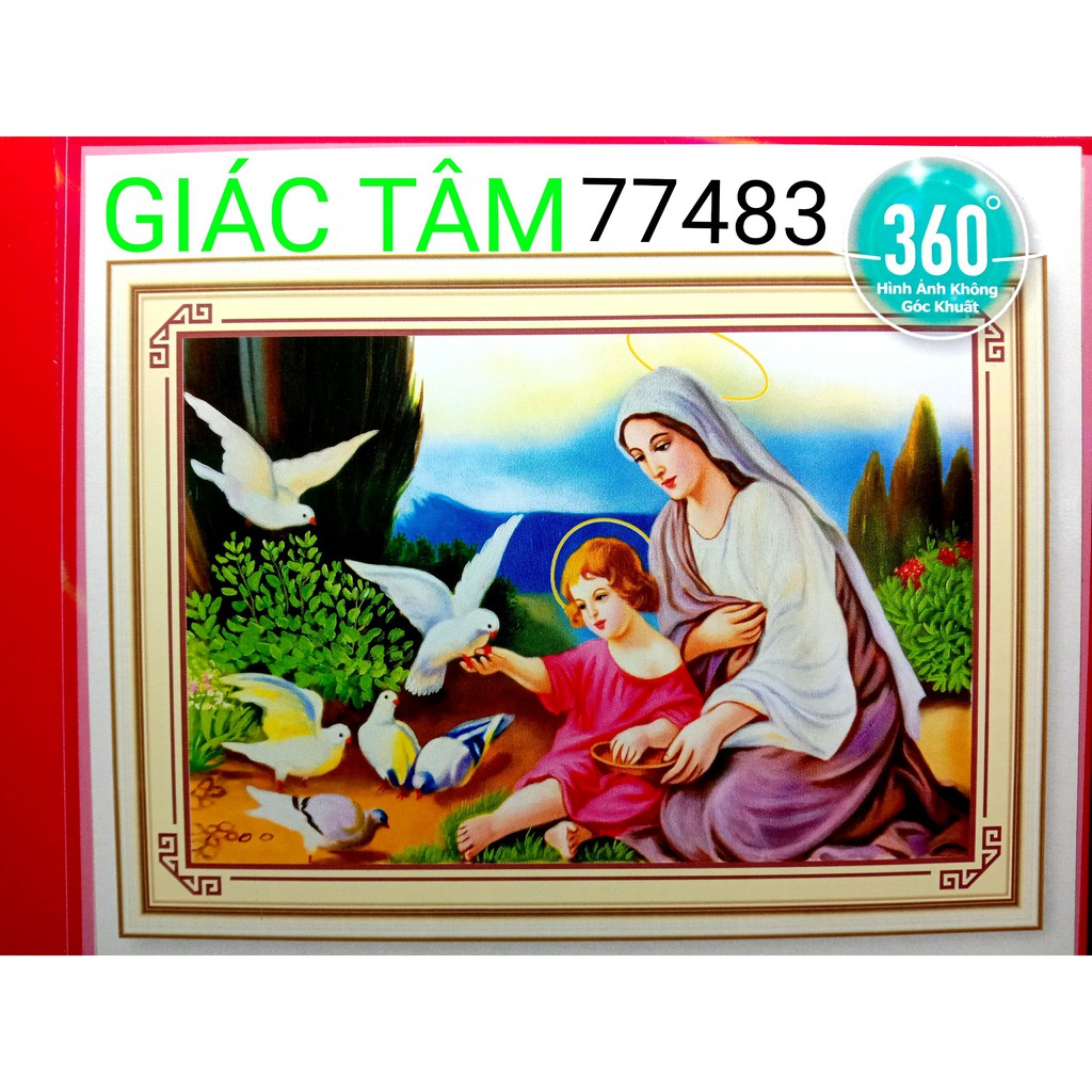 Tranh đá ĐỨC MẸ MARIA - 90x63cm - 77483 - THÁNH MẪU THIÊN NHIÊN CÂY CỎ NÚI NON CHIM BỒ CÂU CHÚA - tranh đá chưa làm