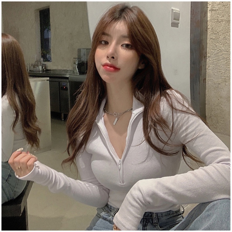 Áo thun lửng tay dài khóa kéo màu trơn thời trang hàn quốc dành cho nữ