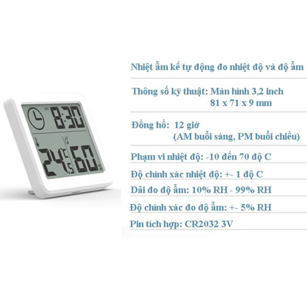 Nhiệt ẩm kế điện tử 3 trong 1 nhiệt kế phòng đo nhiệt độ và độ ẩm chính xác cao (tặng kèm pin cúc áo CR2032)