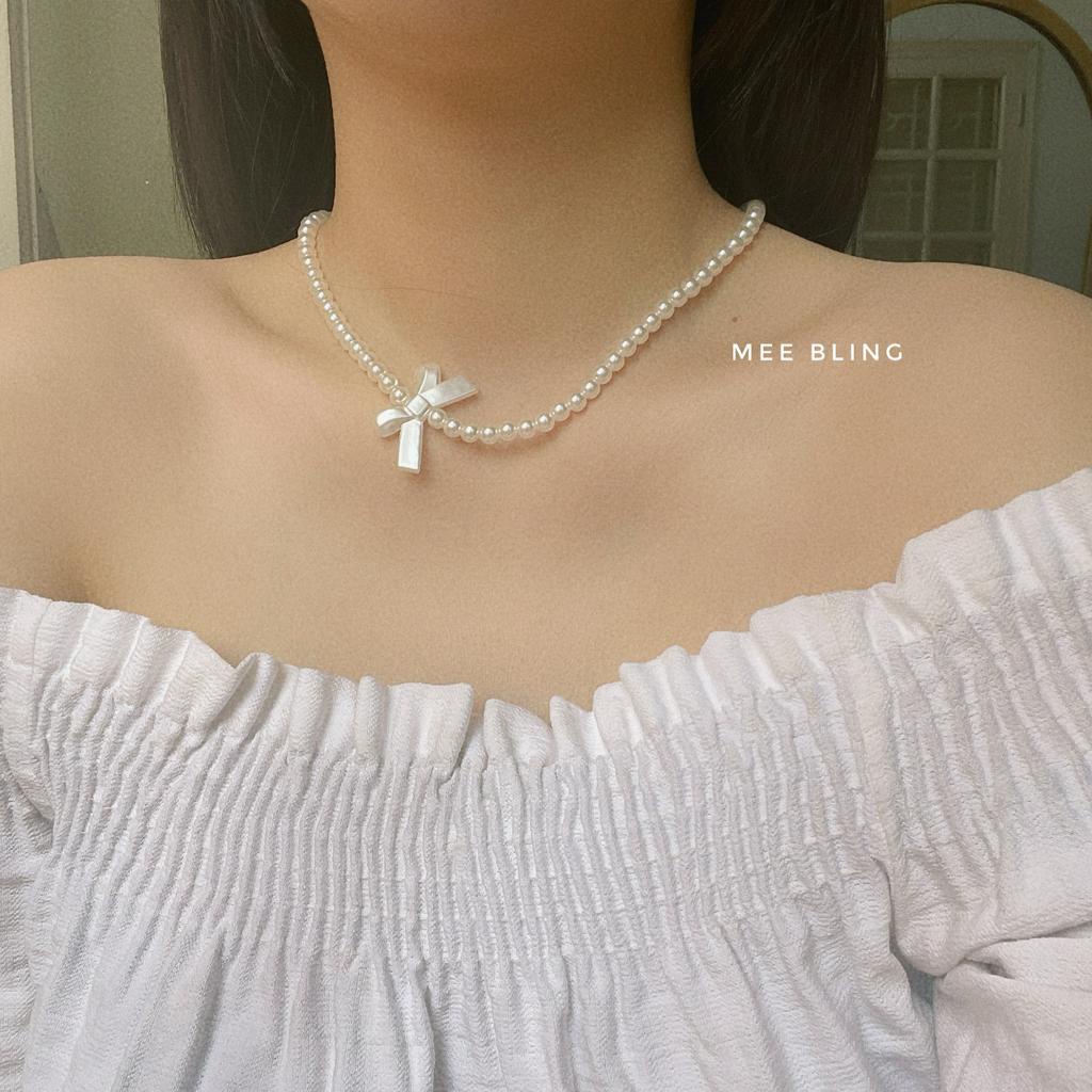 MEE BLING ♡ Vòng cổ ngọc trai nhân tạo charm nơ Bow Pearl Necklace